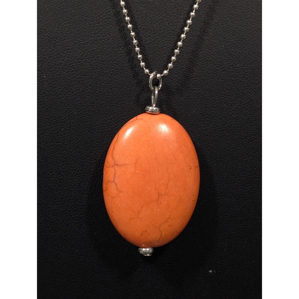 Boho Western Orange Stone Oval Pendant Necklace Silver Tone 20 in